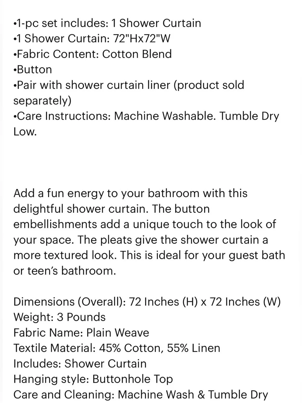 LUSH Decor Cotton Blend Linen Cream Two-Tone Shower Curtain Button Accent NWT